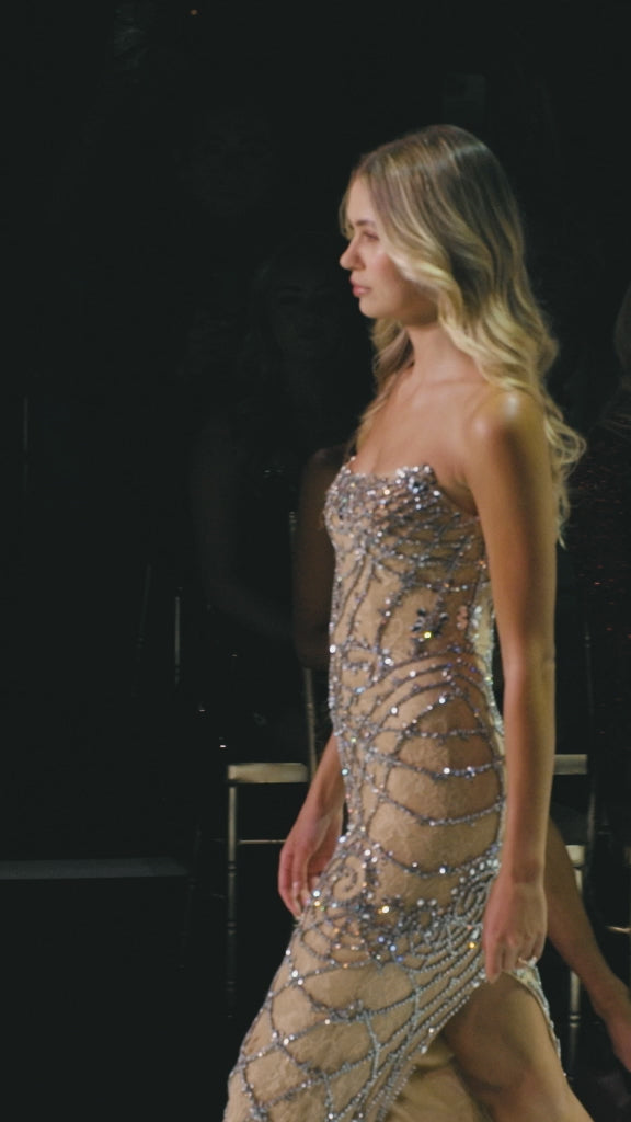 Sherri Hill style 67143 in nude/silver, Strapless Fitted Lace Dress