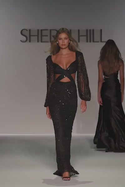 Sherri Hill style 57081 in gold, Long Sleeve Fitted Beaded Gown