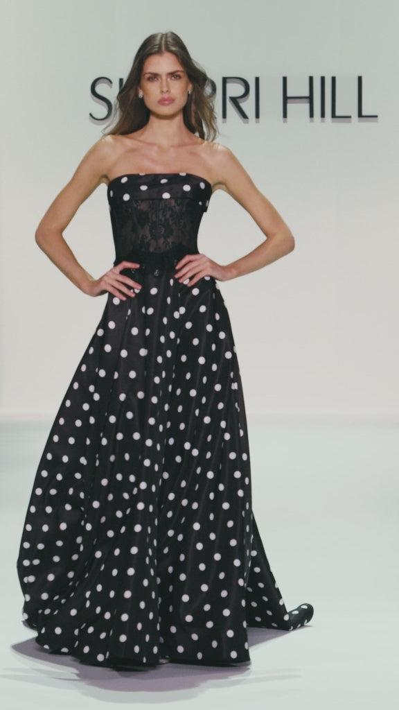 Sherri Hill style 57988 in black/ivory, Strapless A-Line Polkadot Gown