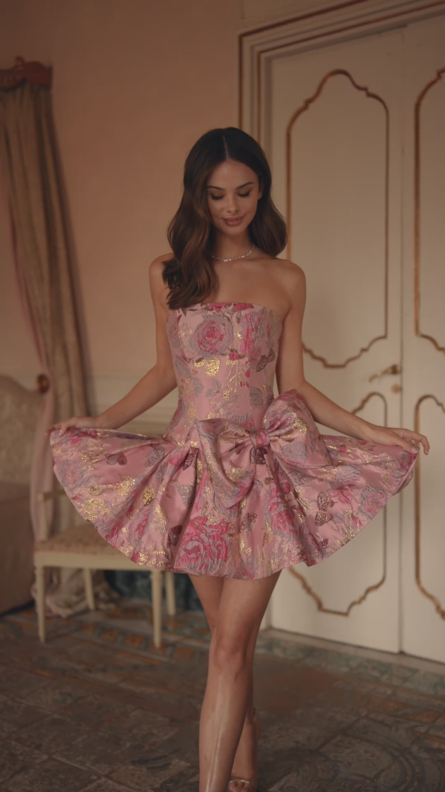 Sherri Hill style 57468 in black print, Strapless Brocade Cocktail Dress