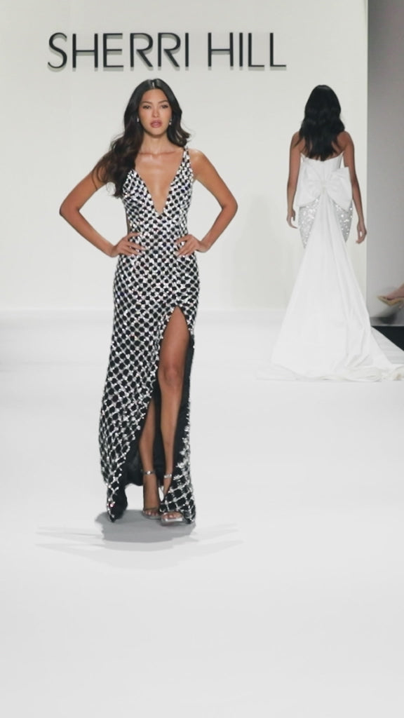 Sherri Hill style 67194 in black/ivory/silver, Fitted Beaded Gown