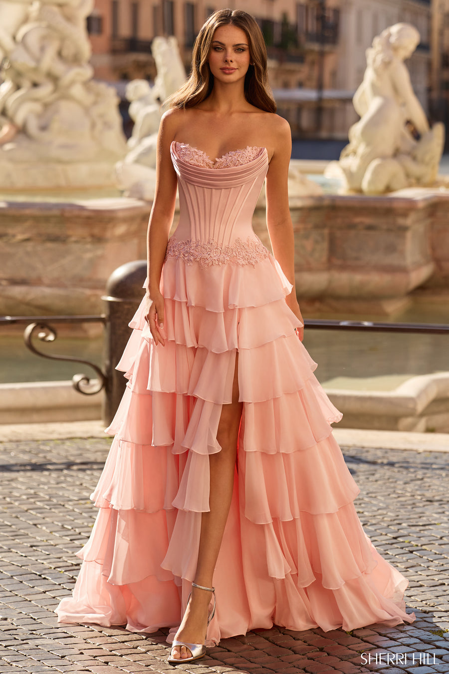 Sherri Hill style 57868 in bright fuchsia, Strapless Drop Waist Ballgown