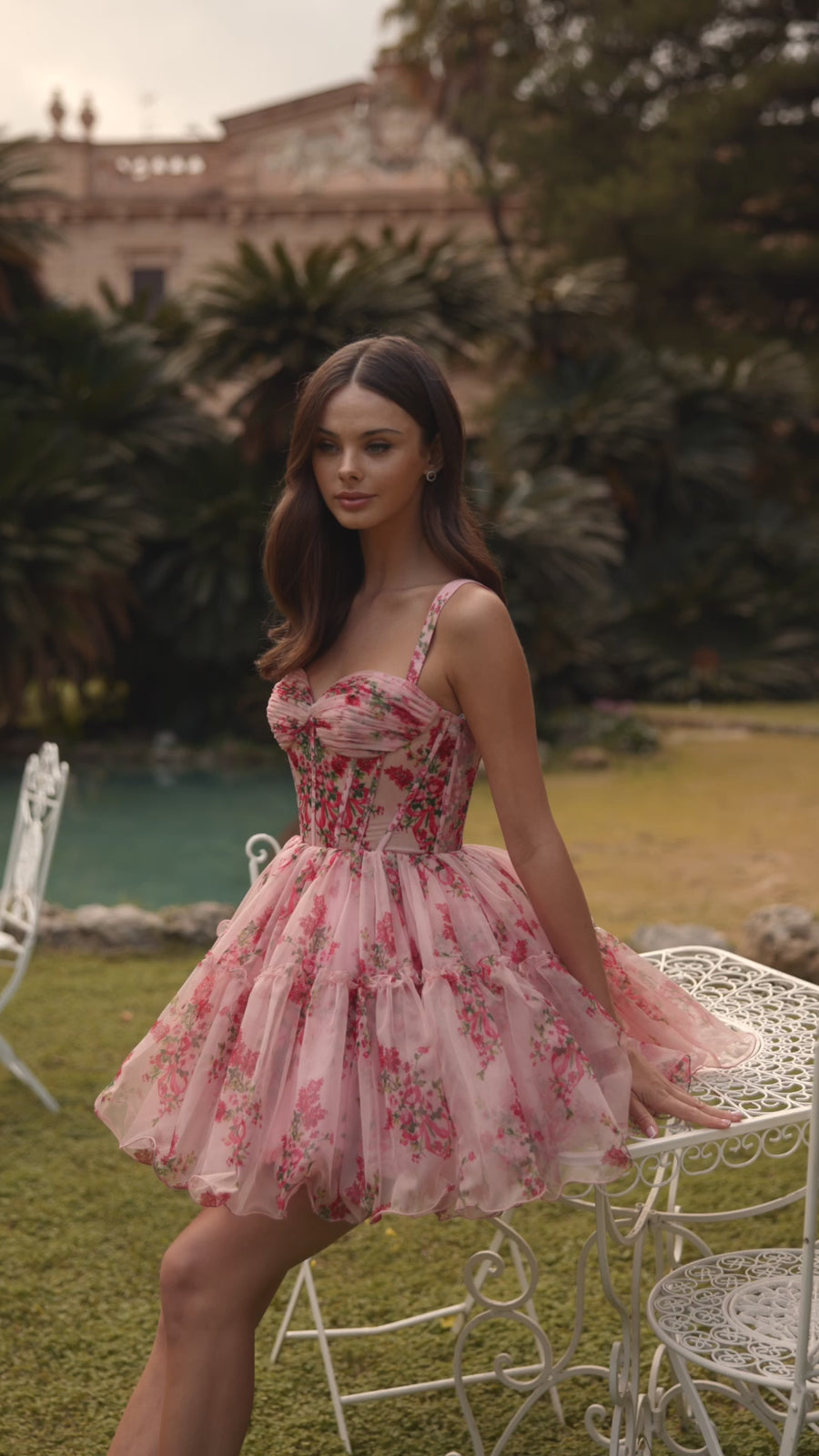 Sherri Hill style 57380 in blush/red print, Floral Tulle Cocktail Dress