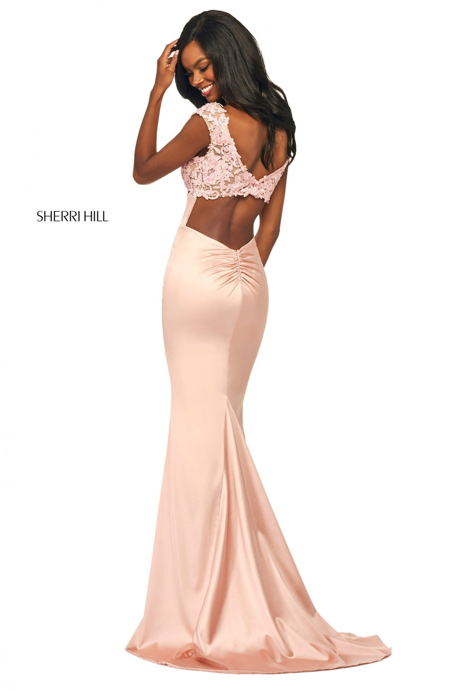 Sherri Hill style 53605 in navy, Fitted Stretch Satin Gown