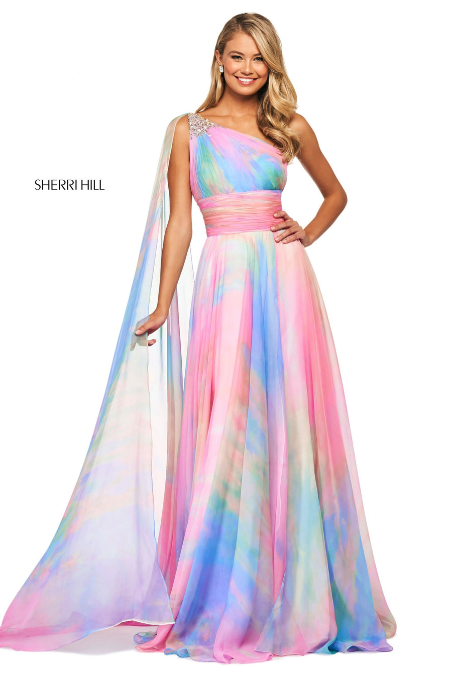 Sherri Hill style 53768 in multi print, Tie Dye Print Chiffon Gown
