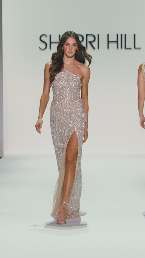 Sherri Hill style 67125 in nude/ivory/silver, Fully Beaded Strapless Dress