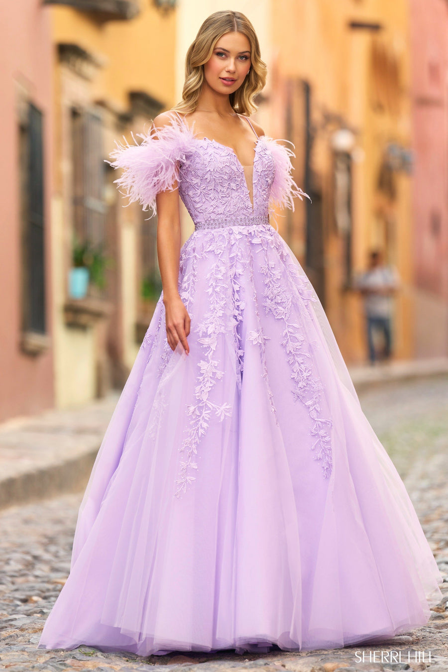 Sherri Hill style 55329 in light blue, Lace Bodice Tulle Ball Gown with Sleeves