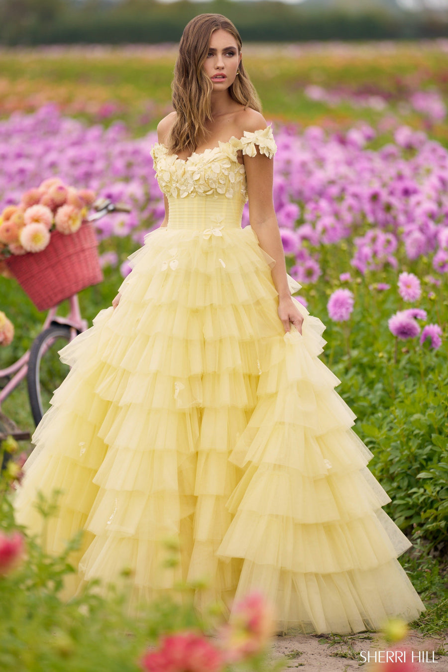 Sherri Hill style 56199 in yellow, Off the Shoulder 3D Floral Tulle Ballgown