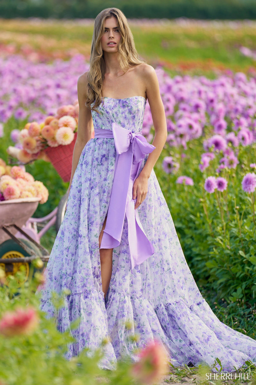 Sherri Hill style 56243 in lilac print, Strapless Organza Floral Print Gown