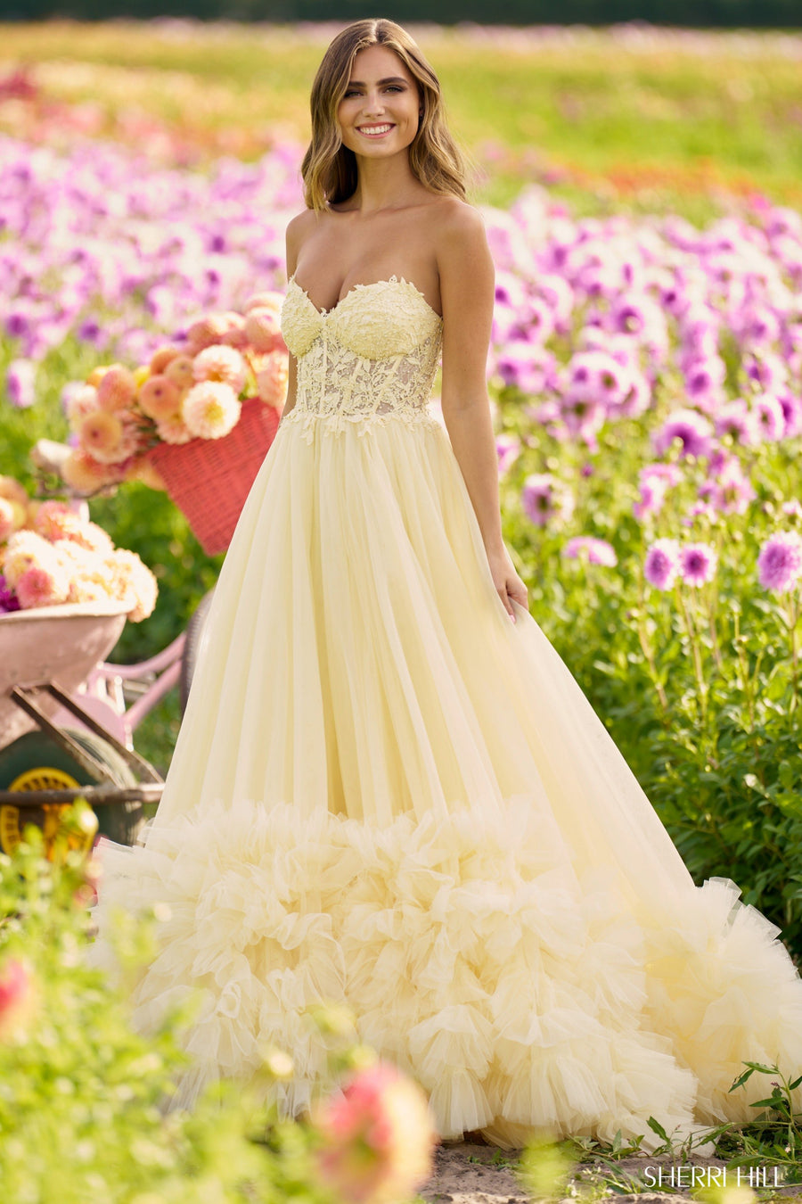 Sherri Hill style 56270 in yellow, Strapless Leaf Lace Ball Gown