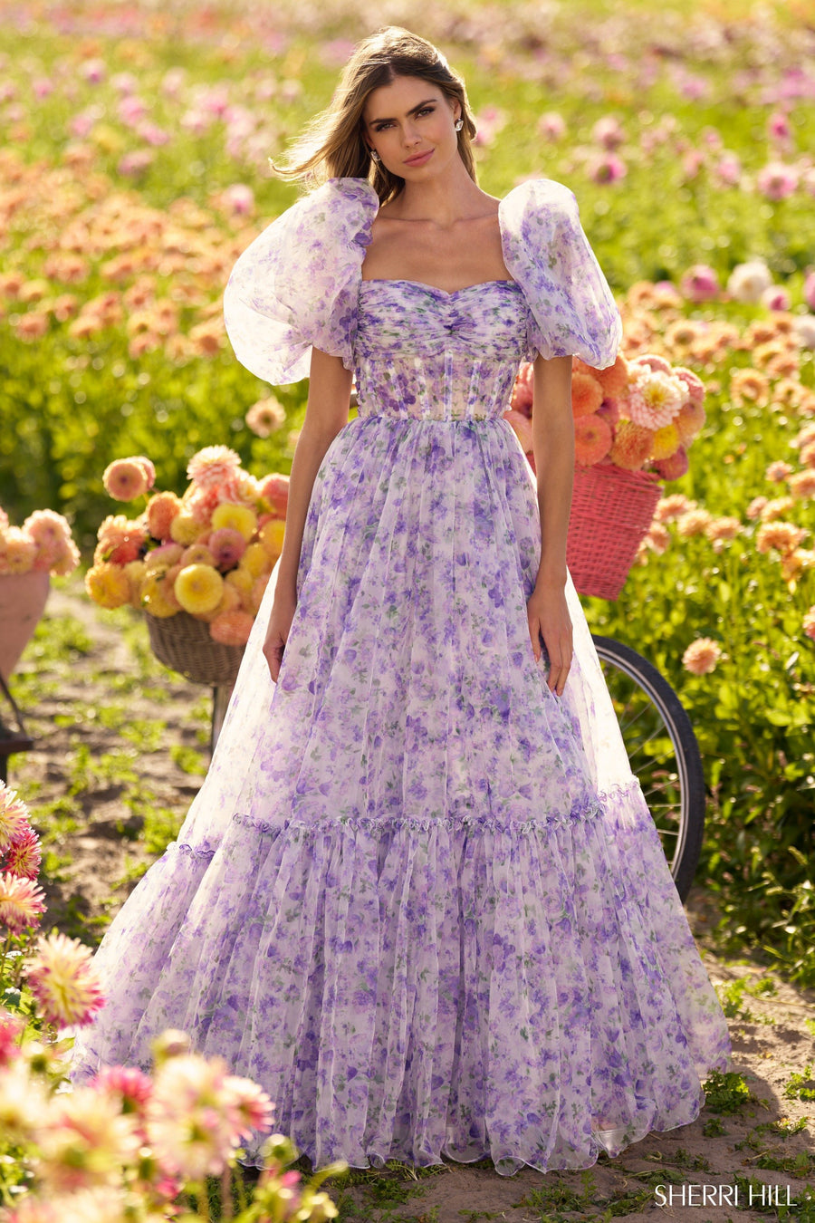 Sherri Hill style 56381 in lilac, Organza Floral Print Ball Gown