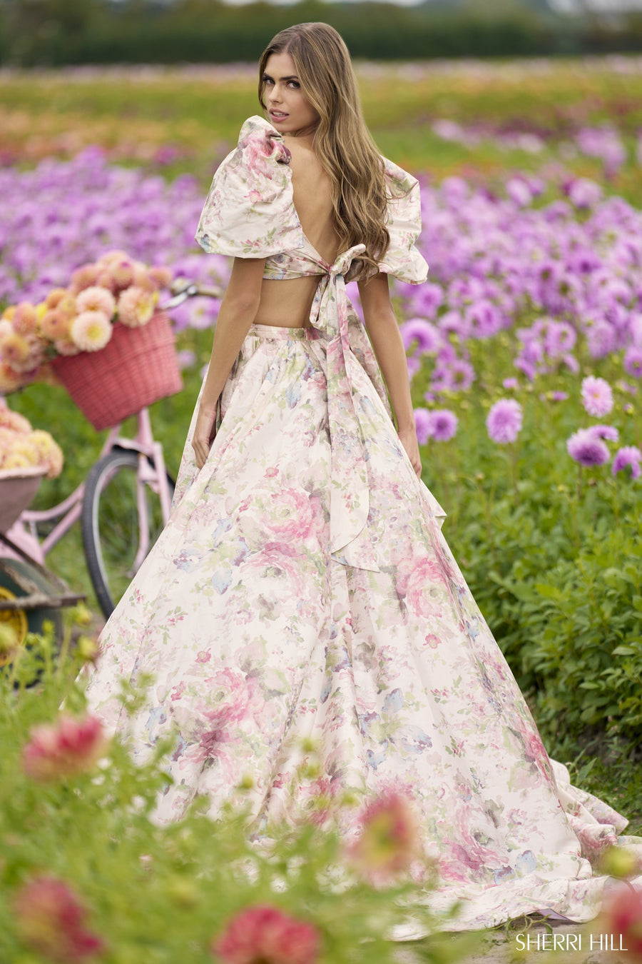 Sherri Hill style 56248 in blush print, Taffeta Two-piece Floral Gown
