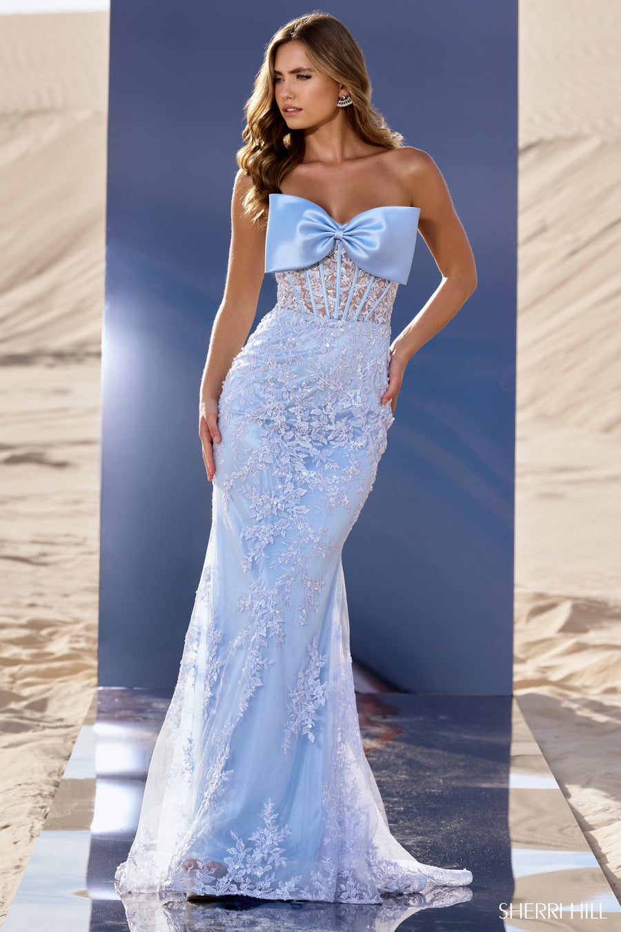 Sherri Hill style 56446 in navy, Strapless Sequin Lace Gown
