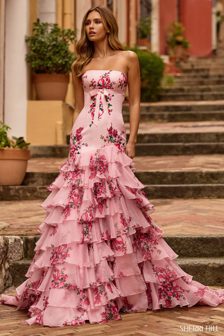 Sherri Hill style 57144 in pink print, Strapless Floral Taffeta Mermaid Gown