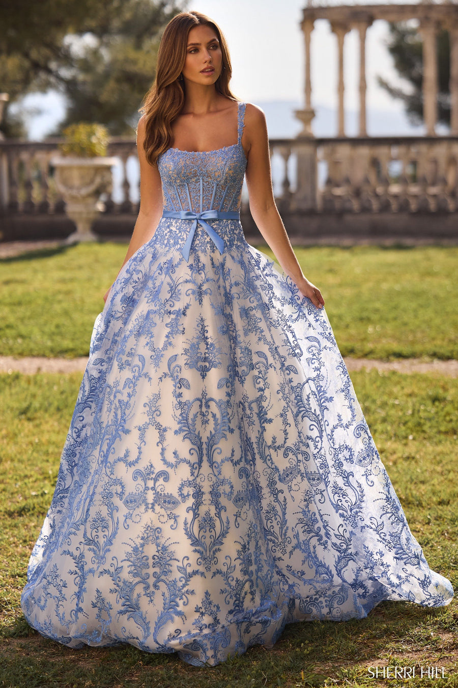 Sherri Hill style 57058 in ivory/blue, Fitted Floral Embroidered Lace Ball Gown