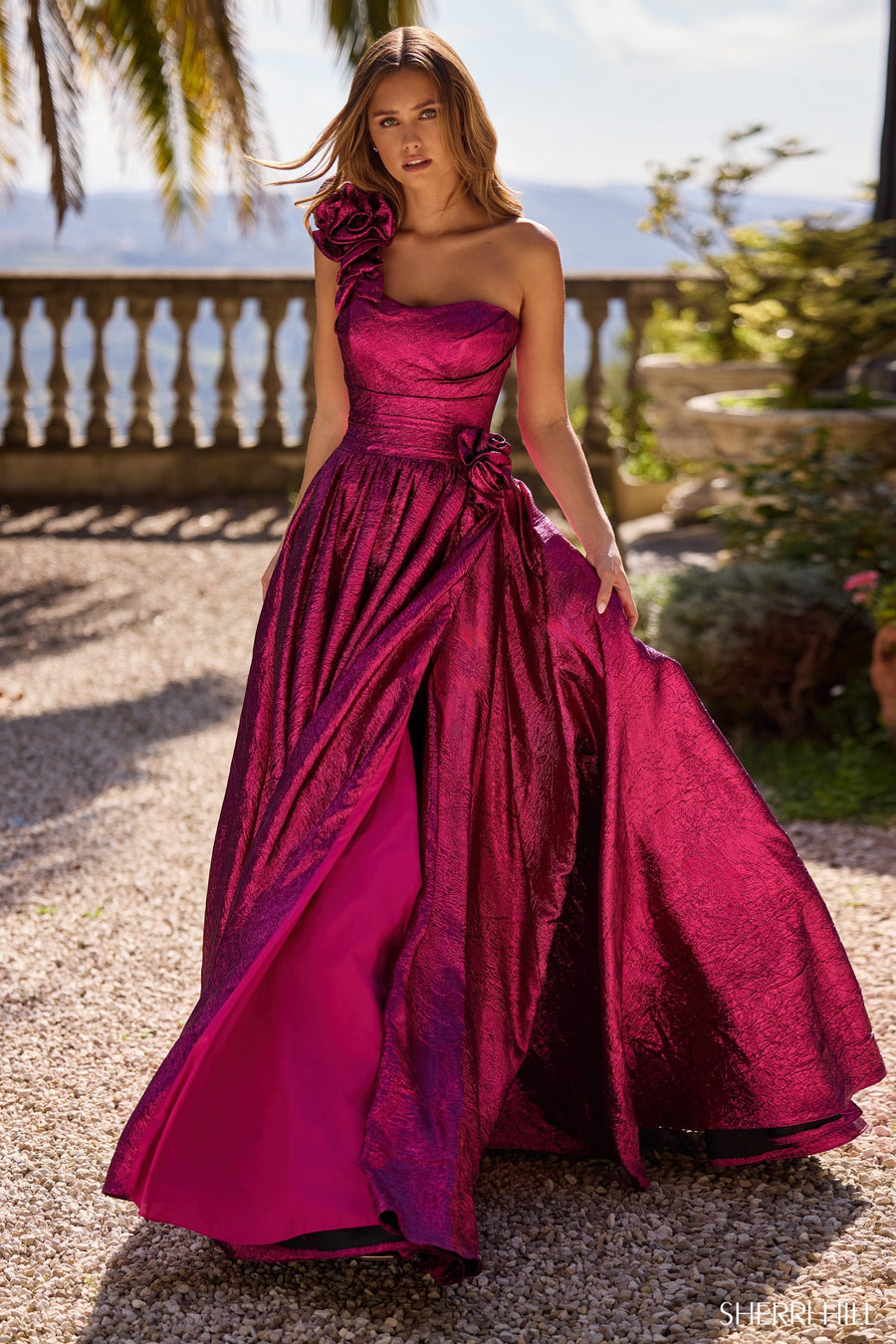 Sherri Hill style 57090 in bright pink, One Shoulder Brocade A-Line Gown
