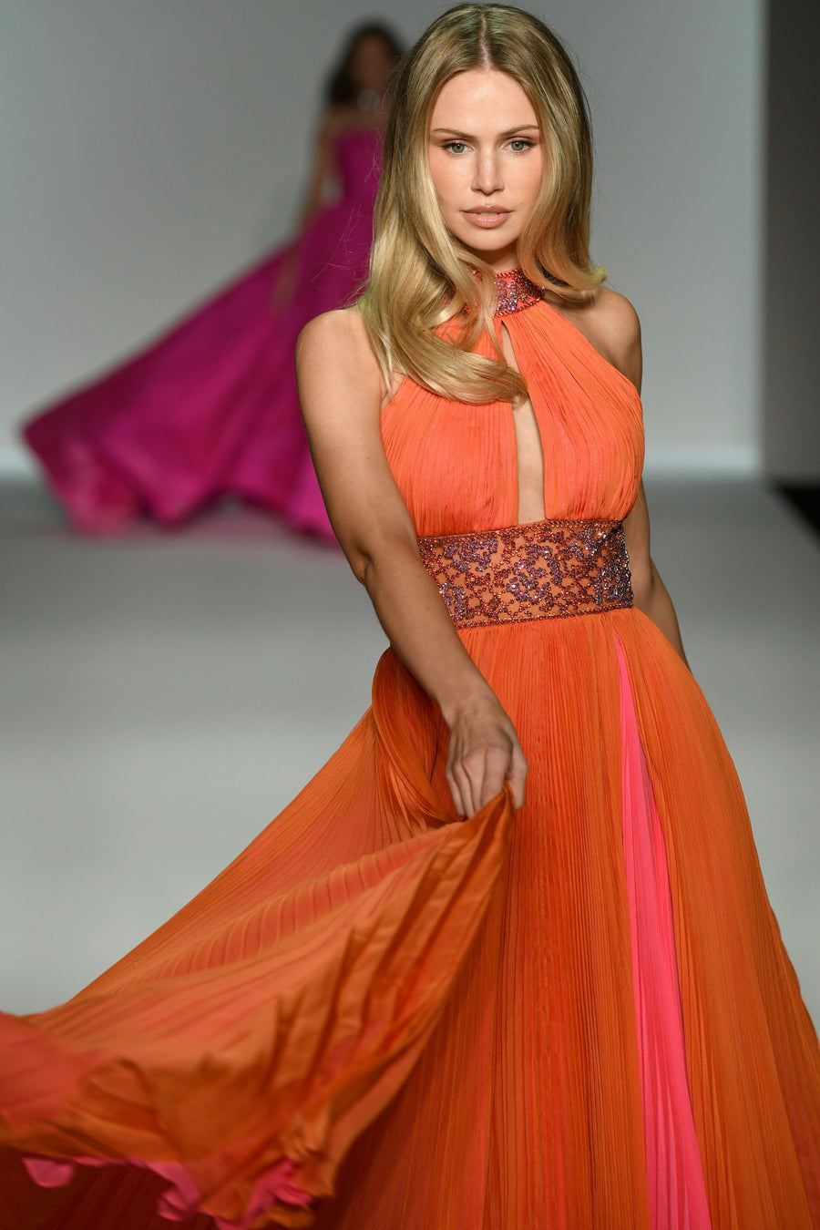 Sherri Hill style 57237 in orange/bright pink, Pleated Chiffon Gown
