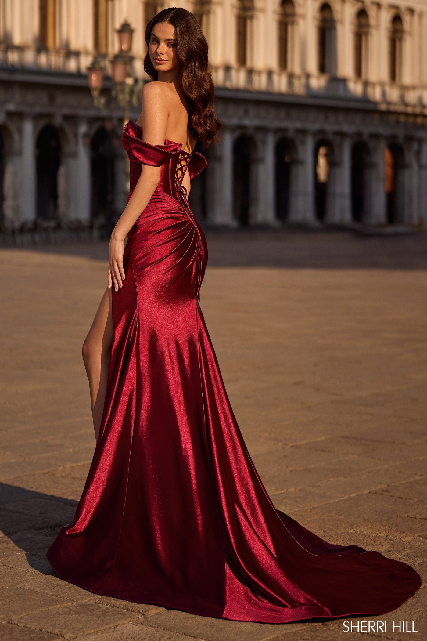 Sherri Hill 57253 off the shoulder stretch satin gown