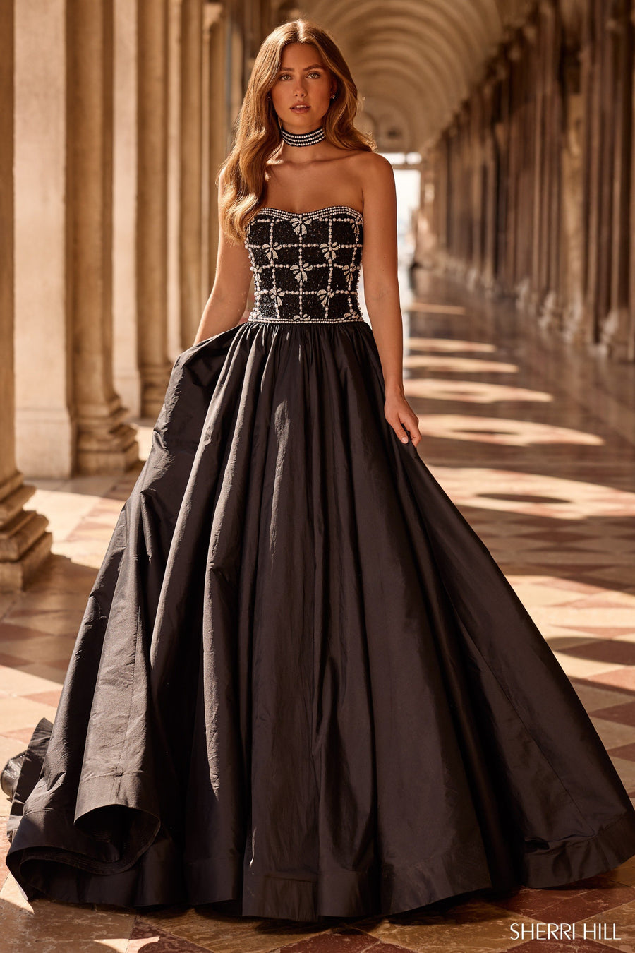 Sherri Hill style 57496 in black/ivory/silver, Strapless Ballgown