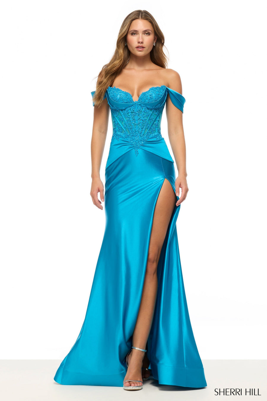 Sherri Hill style 57823 in peacock, Off the Shoulder Fitted Stretch Satin Gown