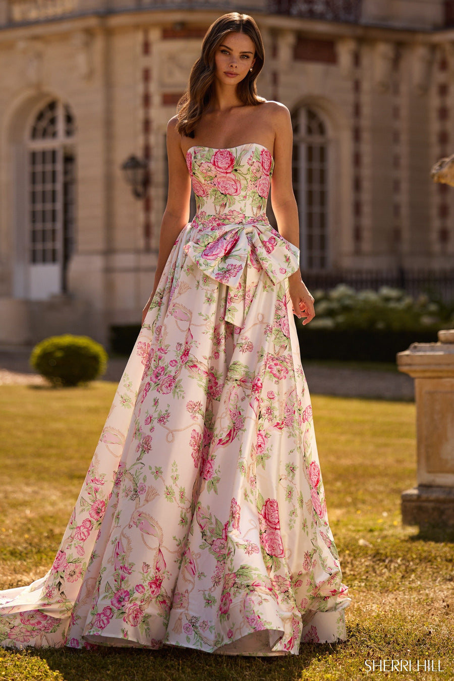 Sherri Hill style 57667 in light yellow print, Strapless Floral Gown