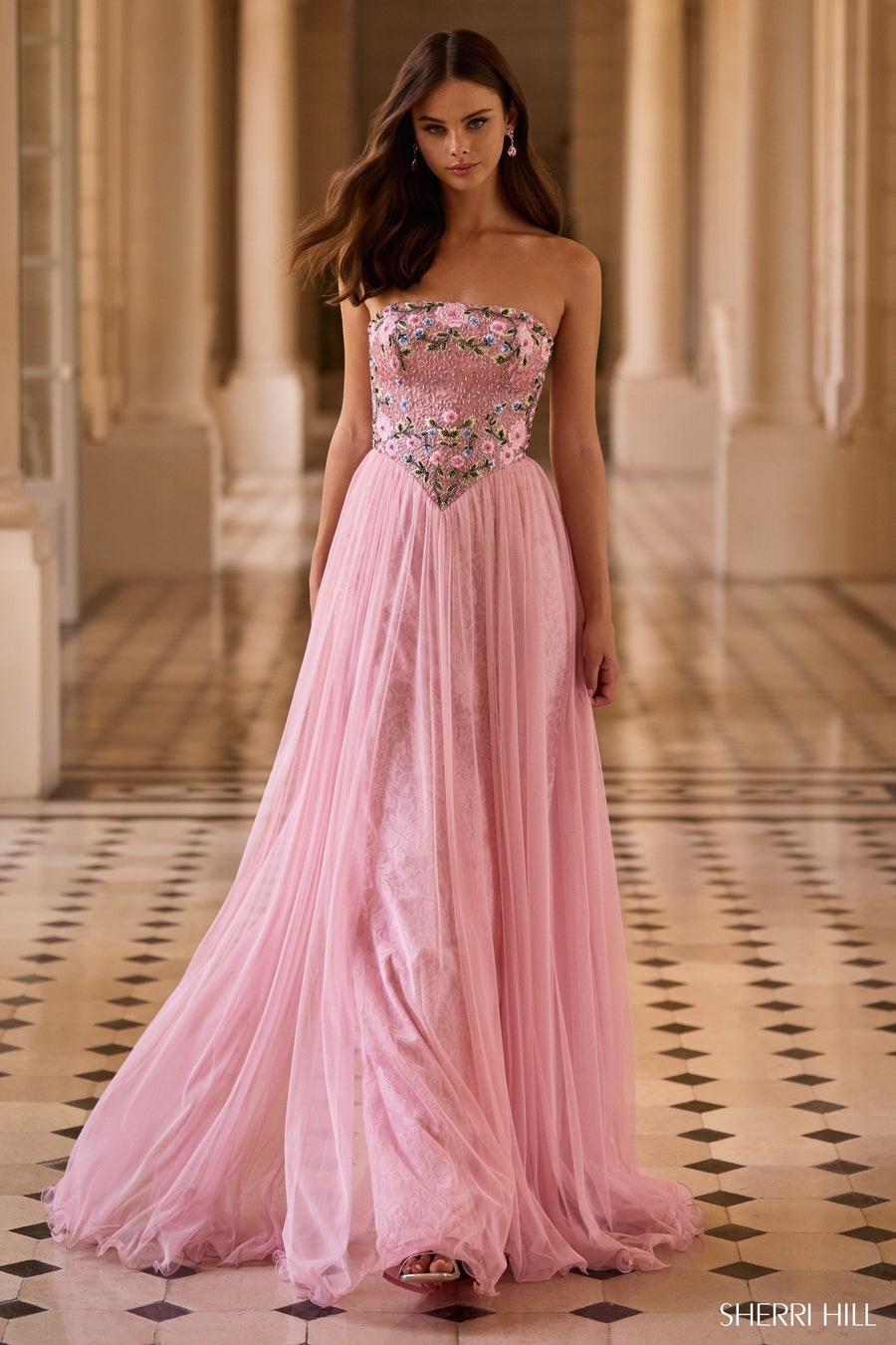 Sherri Hill style 57716 in blush/multi, Strapless A-Line Gown