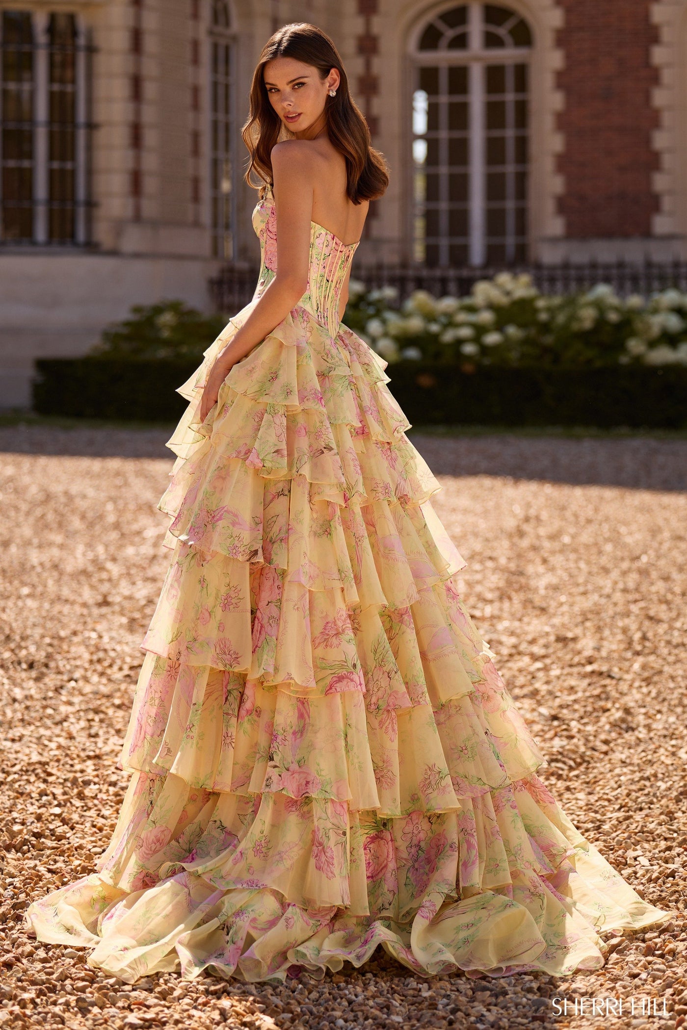 Sherri Hill 57727 strapless A-line floral gown in light yellow print