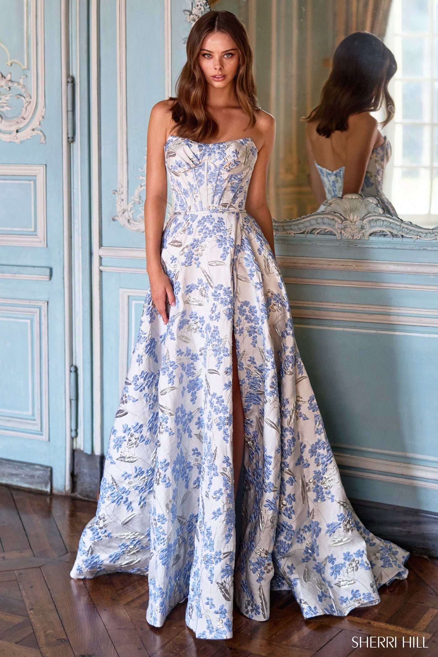Sherri Hill 57755 strapless brocade gown in light blue