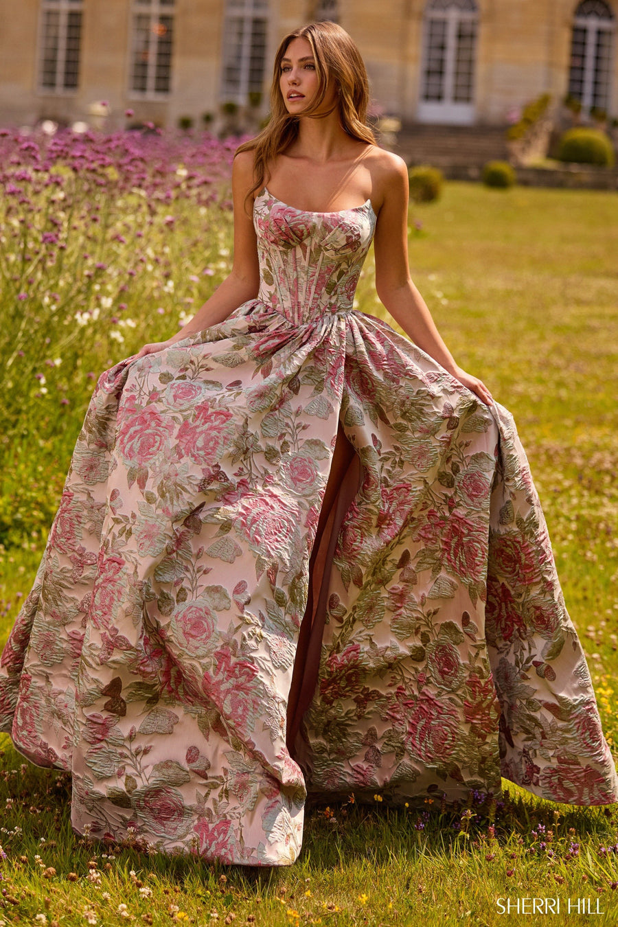 Sherri Hill style 57757 in nude/multi, Strapless Brocade Gown