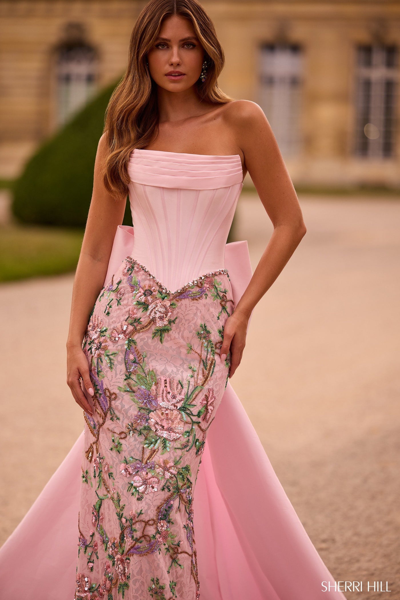 Sherri Hill 57795 strapless beaded floral gown