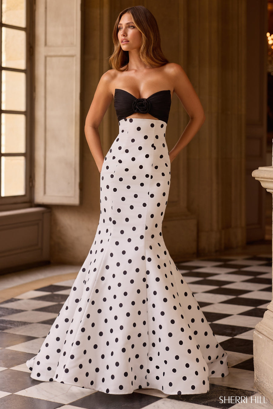 Sherri Hill style 57800 in ivory/black, Fitted Taffeta Mermaid Polkadot Gown