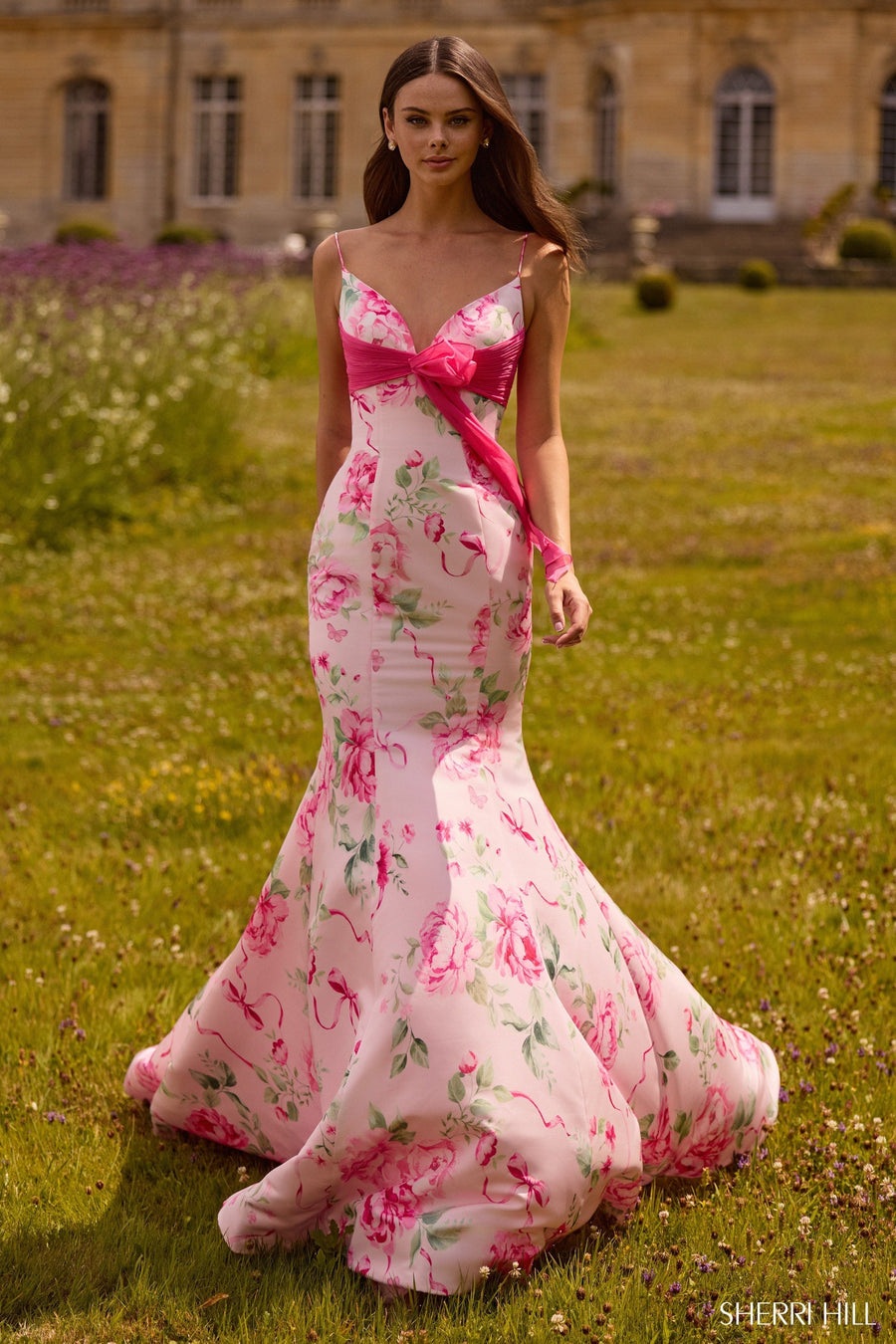 Sherri Hill style 57834 in pink print, Floral Mermaid Gown