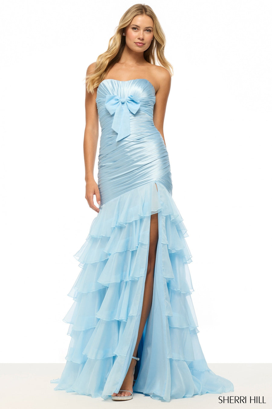 Sherri Hill style 57884 strapless stretch satin mermaid gown in light blue