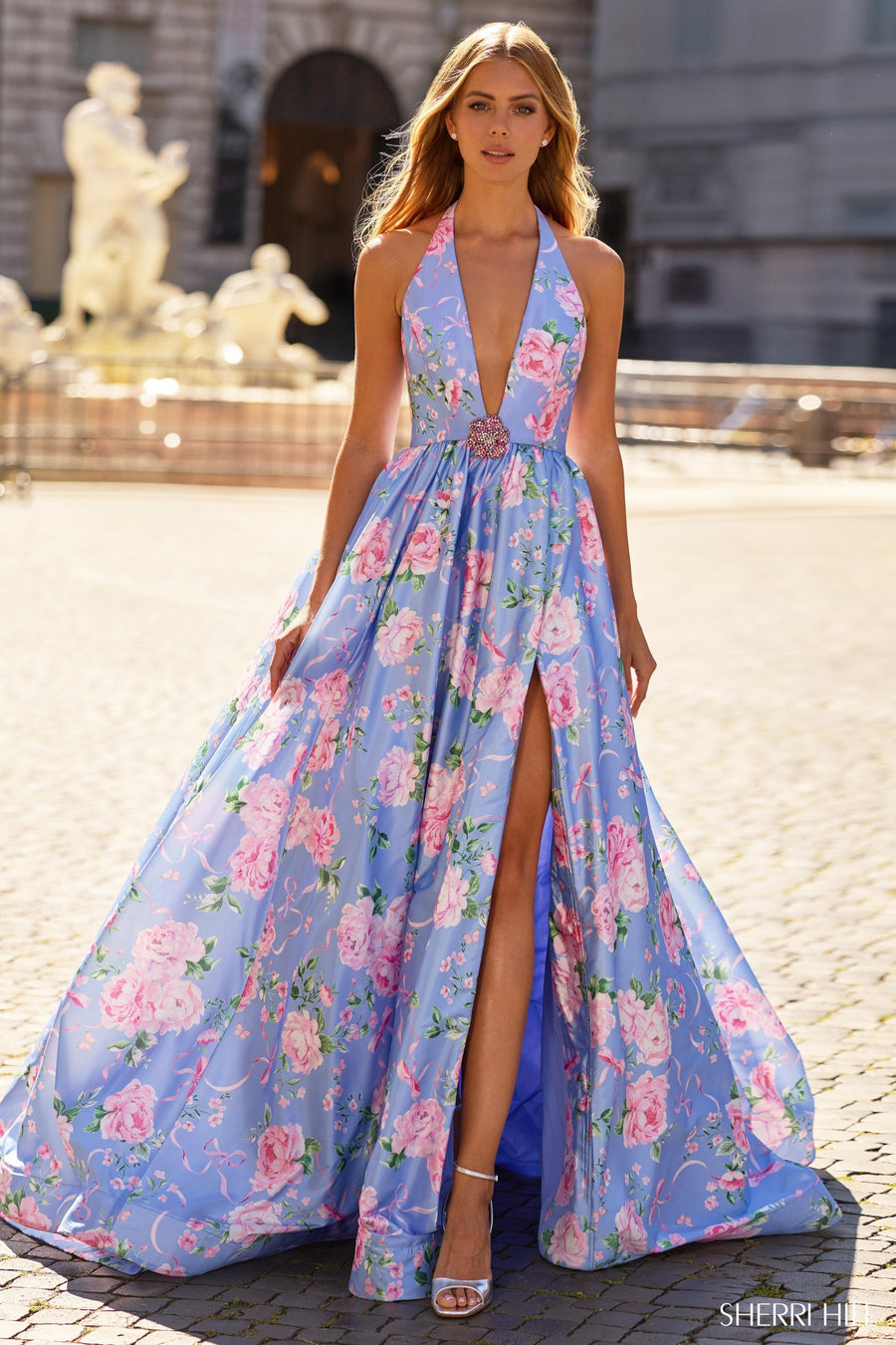 Sherri Hill style 57955 in yellow print, Halter Floral Print Gown