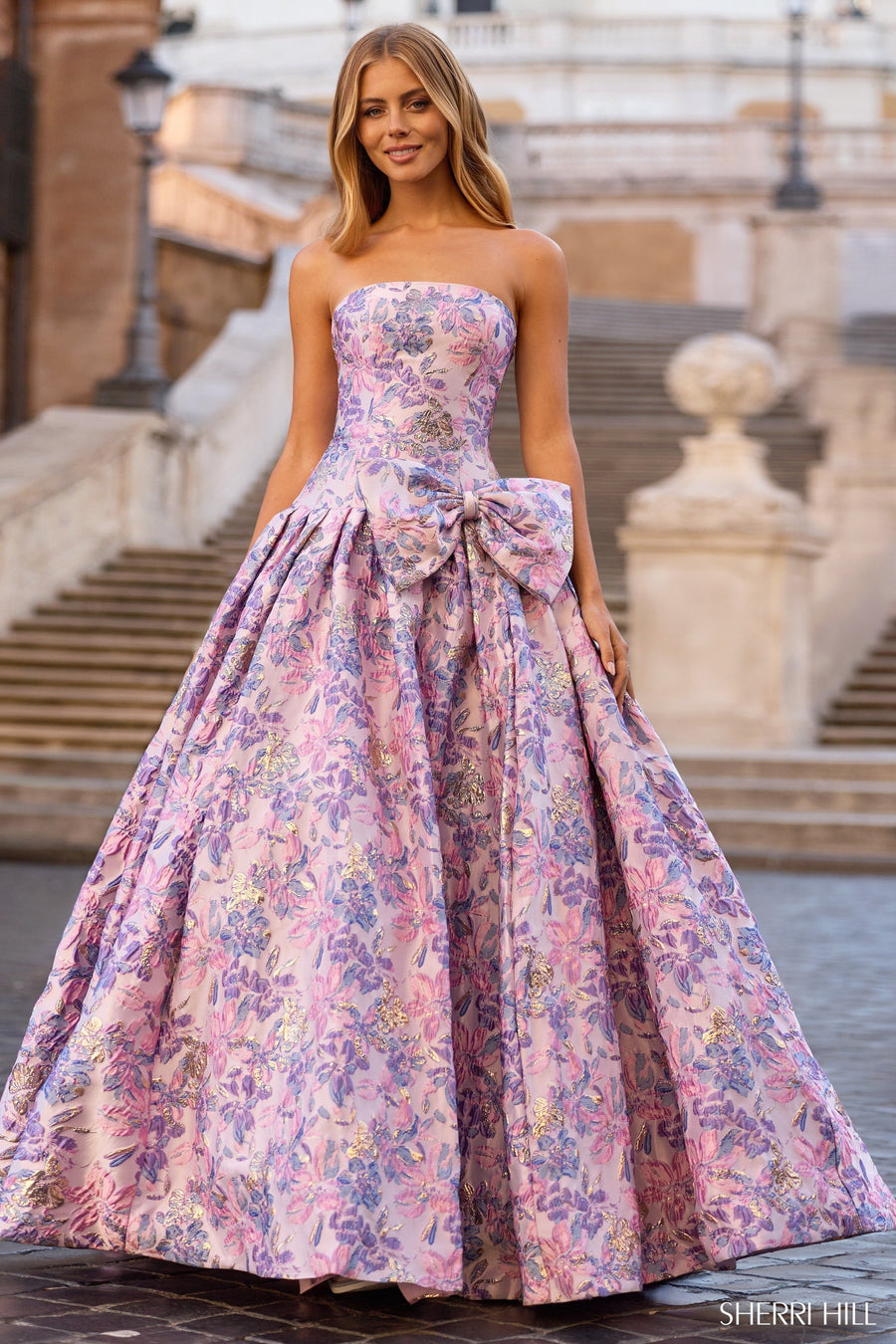 Sherri Hill style 57781 in black print, Strapless Drop-waist Brocade Ballgown