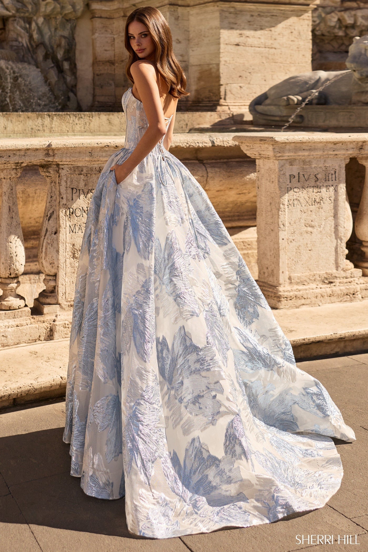 Sherri Hill 57968 strapless brocade gown