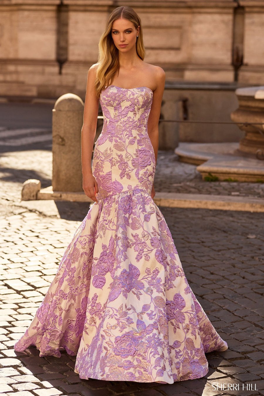 Sherri Hill style 57785 in light blue, Strapless Brocade Mermaid Gown