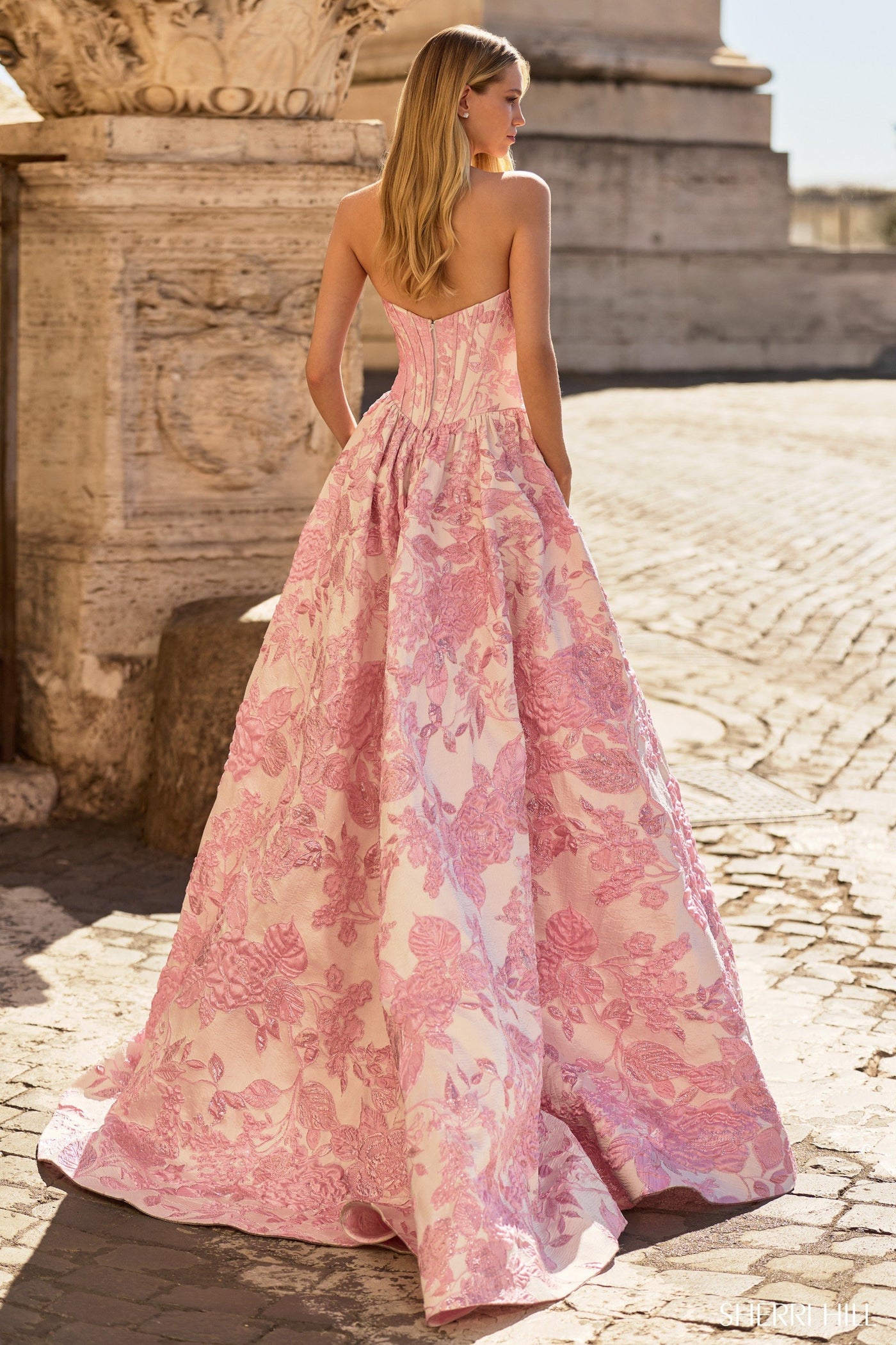 Sherri Hill 57912 strapless brocade gown
