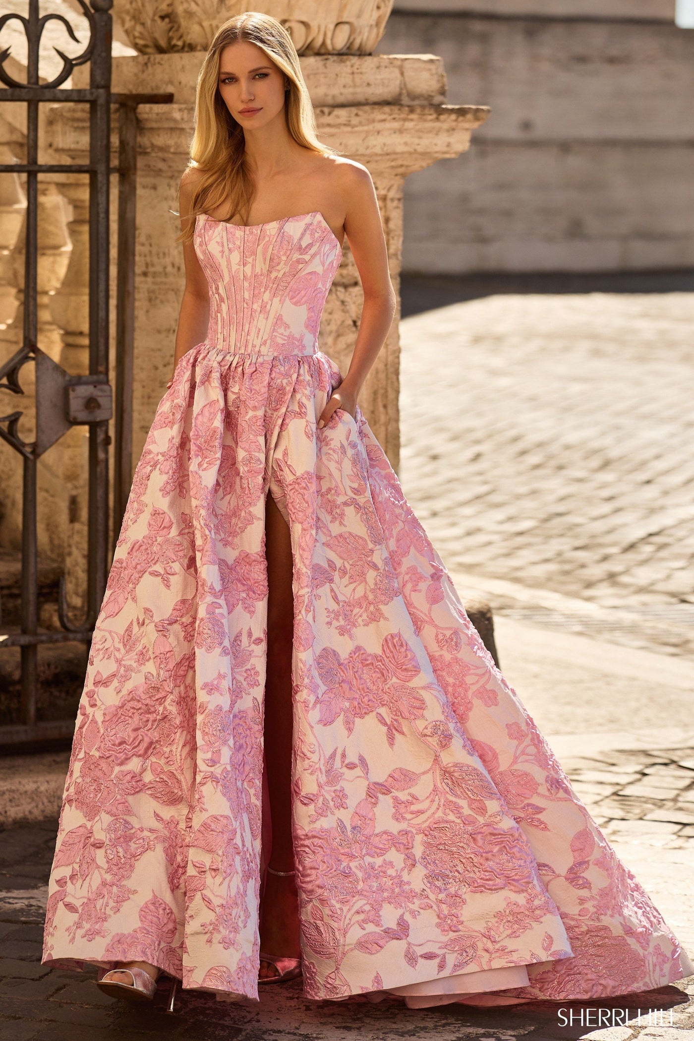 Sherri Hill 57912 strapless brocade gown in pink