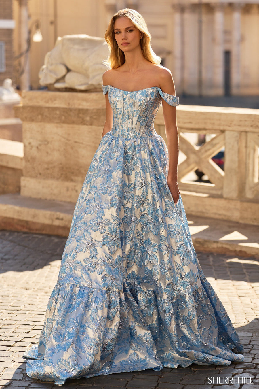 Sherri Hill style 57918 in rose gold, Off the Shoulder Brocade Ballgown