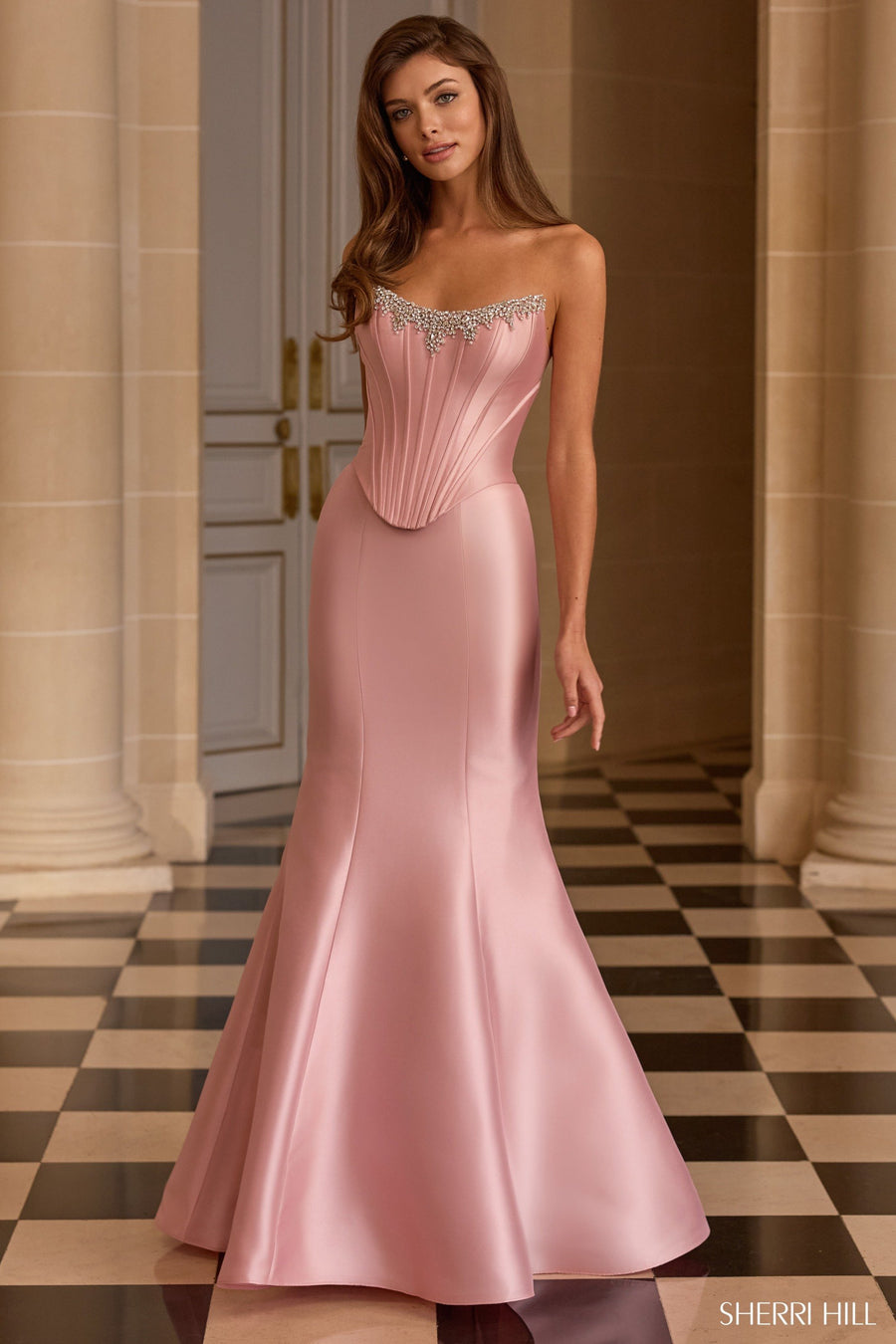 Sherri Hill style 58226 in light blue, Strapless Fitted Mikado Gown