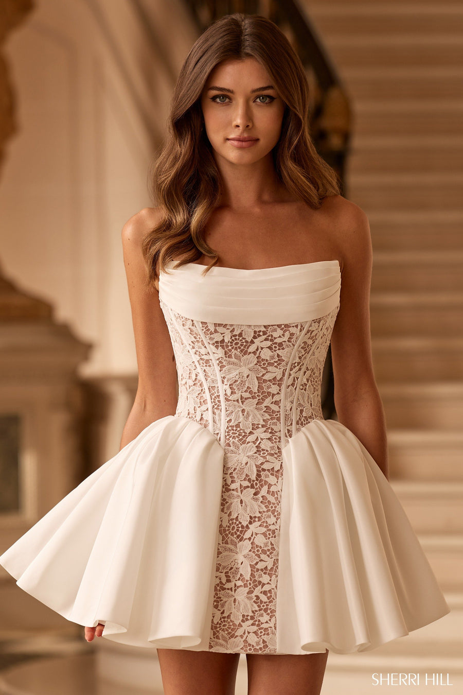 Sherri Hill style 58306 in ivory, Strapless Lace Cocktail Dress