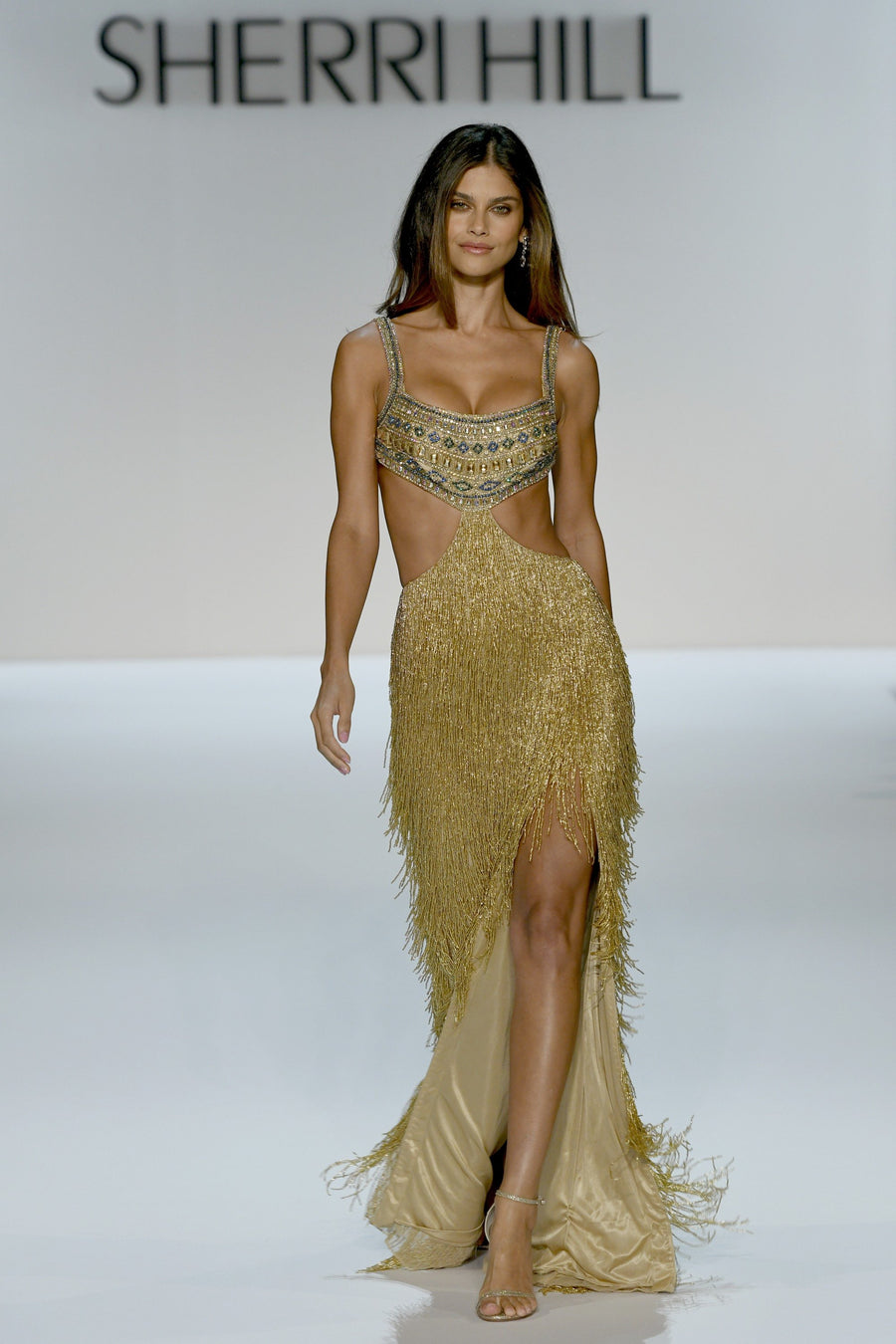 Sherri Hill style 67307 in gold/blue/zircon/capri blue/gold shadow, Fully Beaded Gown with Fringe Skirt