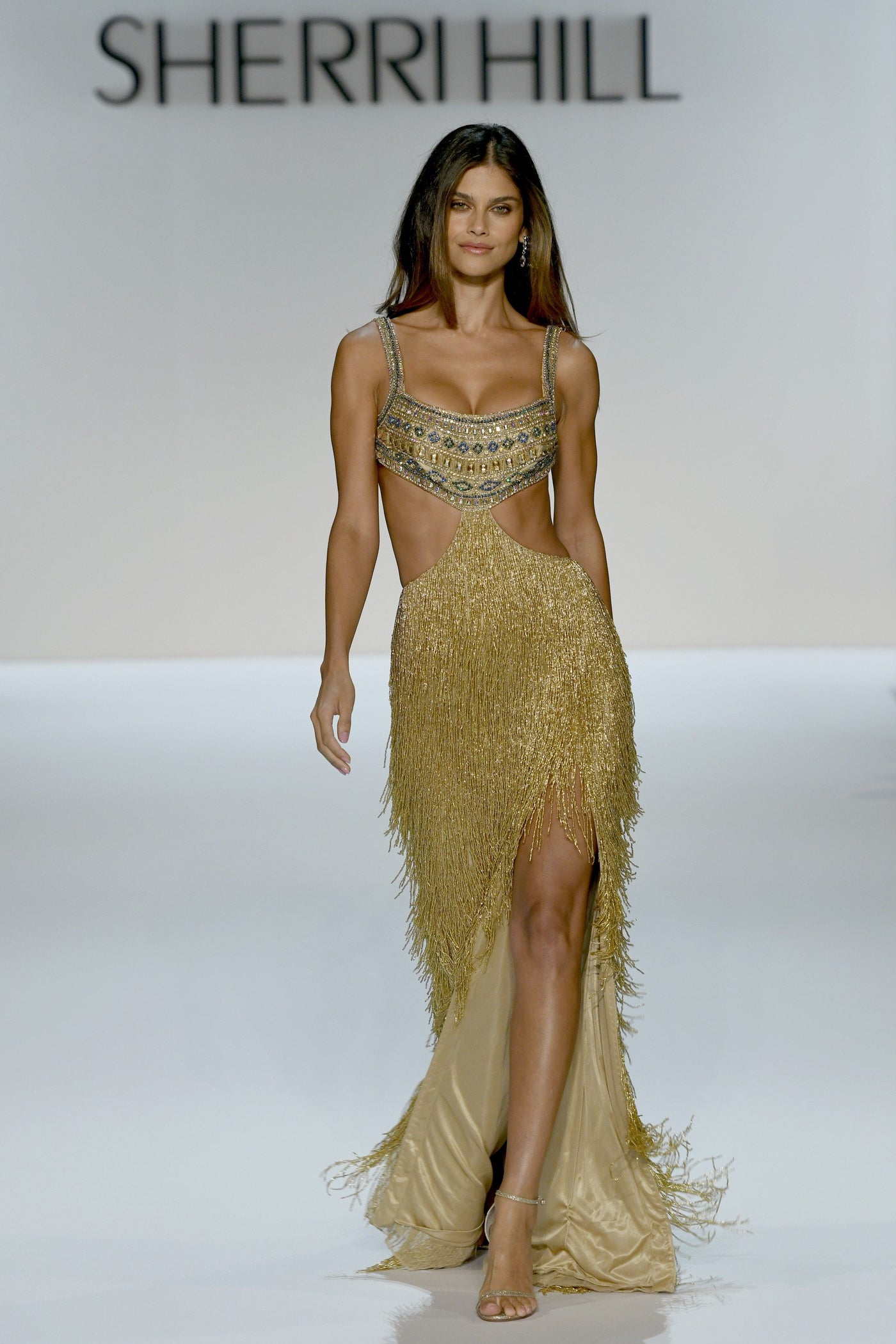 Sherri Hill 67307 fully beaded gown with fringe skirt in gold/blue/zircon/capri blue/gold shadow