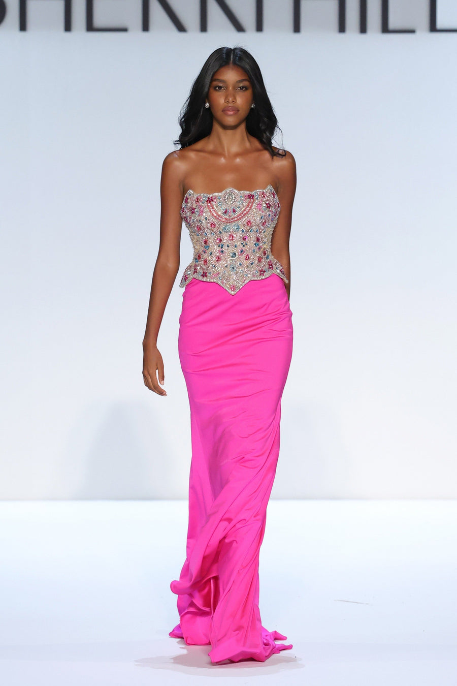 Sherri Hill style 58919 in bright fuchsia/multi, Strapless Fitted Beaded Corset Gown