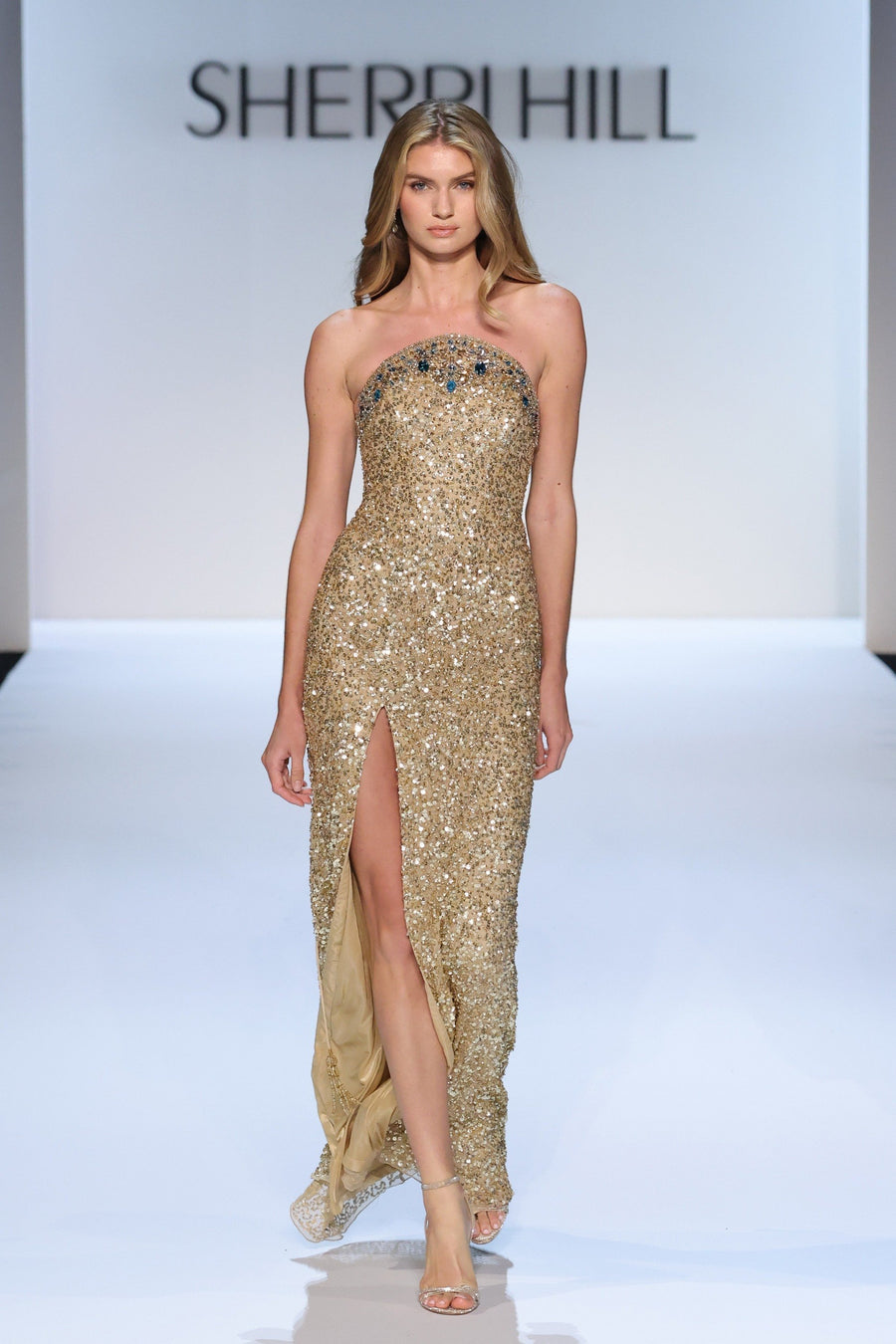 Sherri Hill style 58872 in black/emerald/royal, Strapless Sequin Beaded Queen Anne Gown
