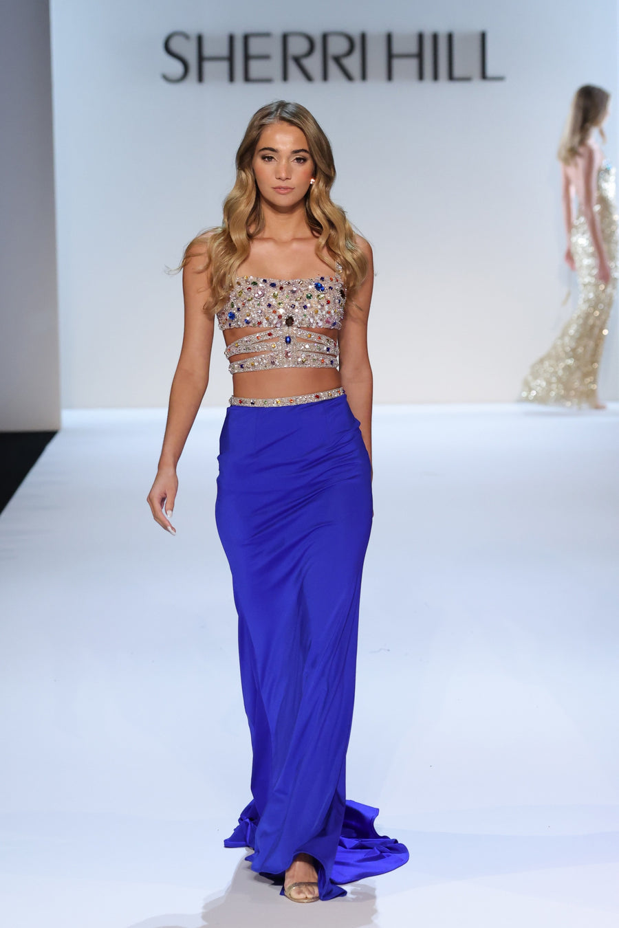 Sherri Hill style 58901 in bright royal/multi, Fitted Two-Piece Beaded Gown with Cut Outs