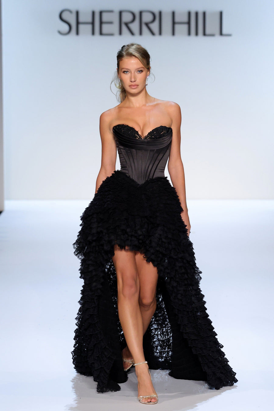 Sherri Hill style 58577 in black, High-Low Gown with Lace Ruffle Skirt