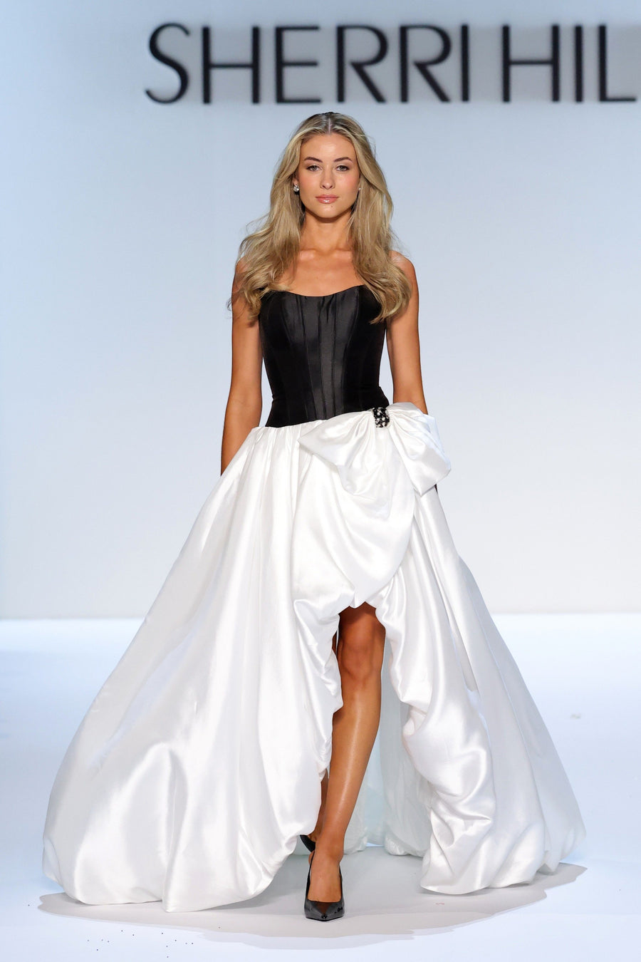 Sherri Hill style 58768 in navy, Strapless Corset Ball Gown with Bow