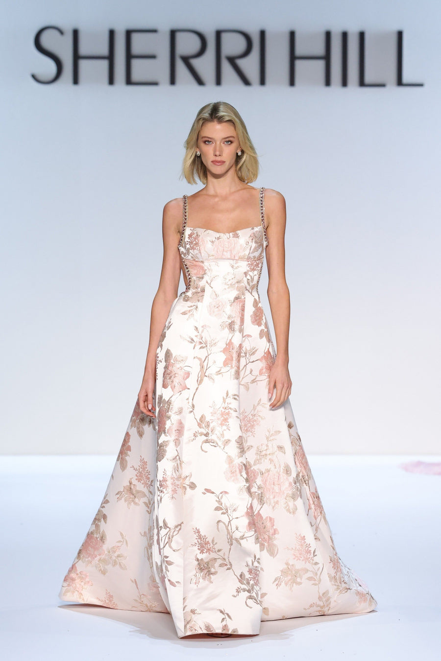 Sherri Hill style 58729 in blush print, A-Line Brocade Gown with Open Back